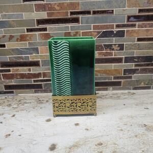 Vintage Mid Century Vase Green Ceramic Gold Metal Pierced Stand